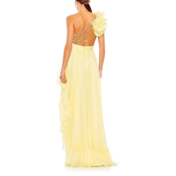 NWT Mac Duggal One Shoulder Ruffle Sleeveless Cut Out Asymmetrical High-Low Gown - Picture 3 of 6